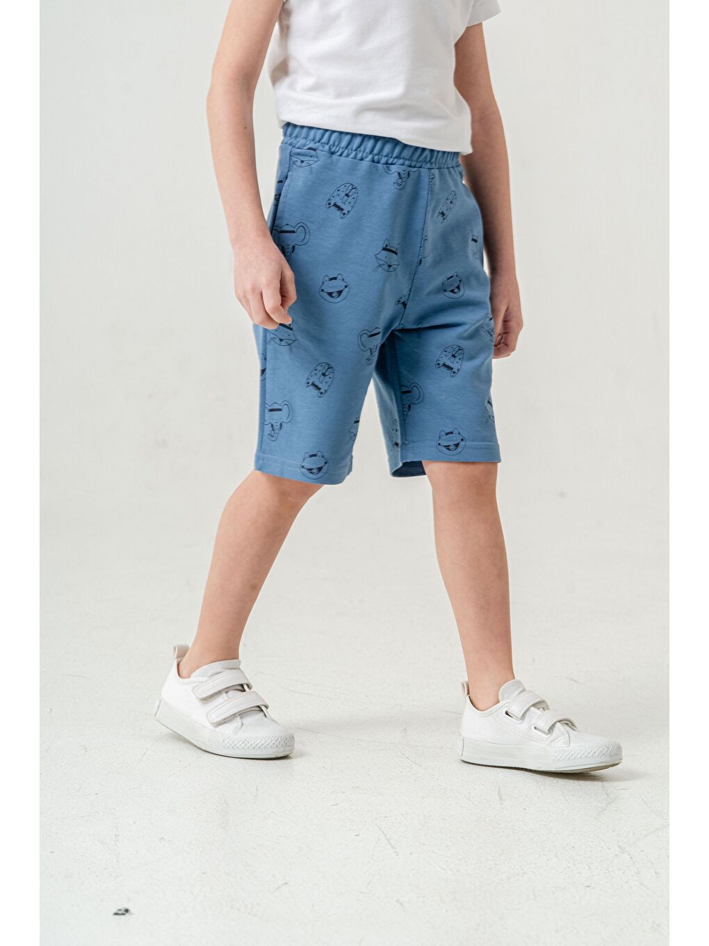 Mavi Tüm Alan Kedi Baskılı Erkek Çocuk Şort-6