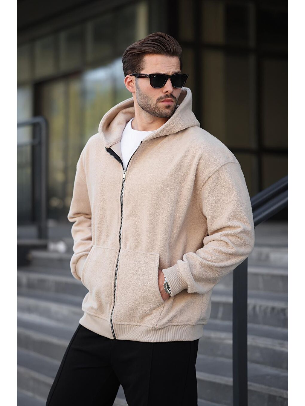 Bej Kapüşonlu Erkek Polar Hırka E7168-2