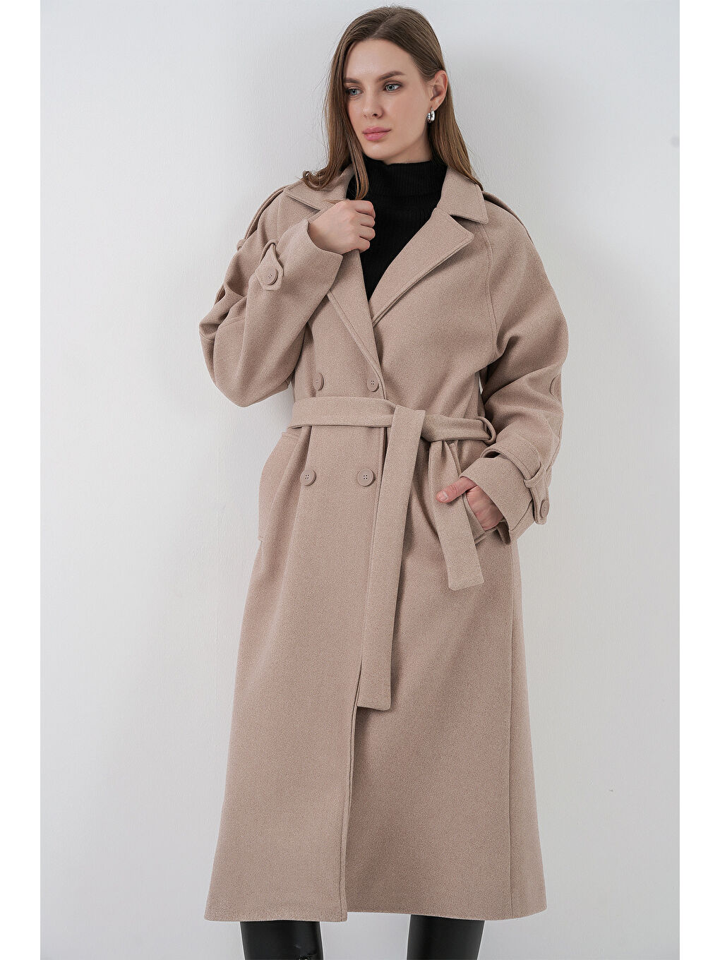 Kadın Kuşaklı Kaşe Kaban 9161 - Bej-3