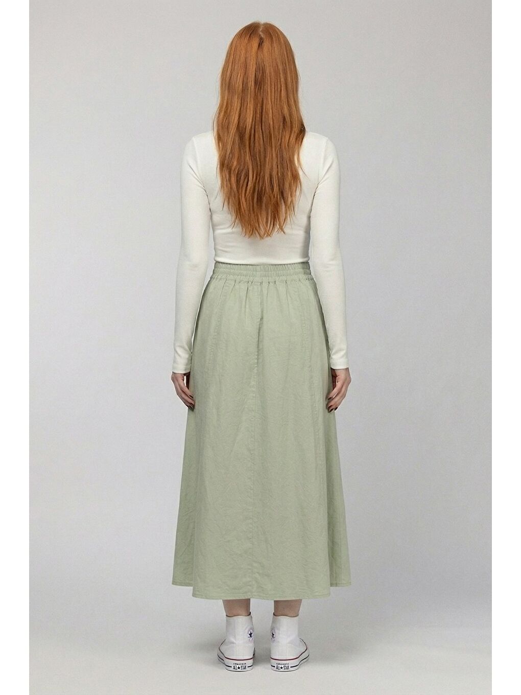 Yeşil Mint Kadın A Kesim Yüksek Bel Cepli Dökümlü Kloş Etek - Dokulu Keten-4