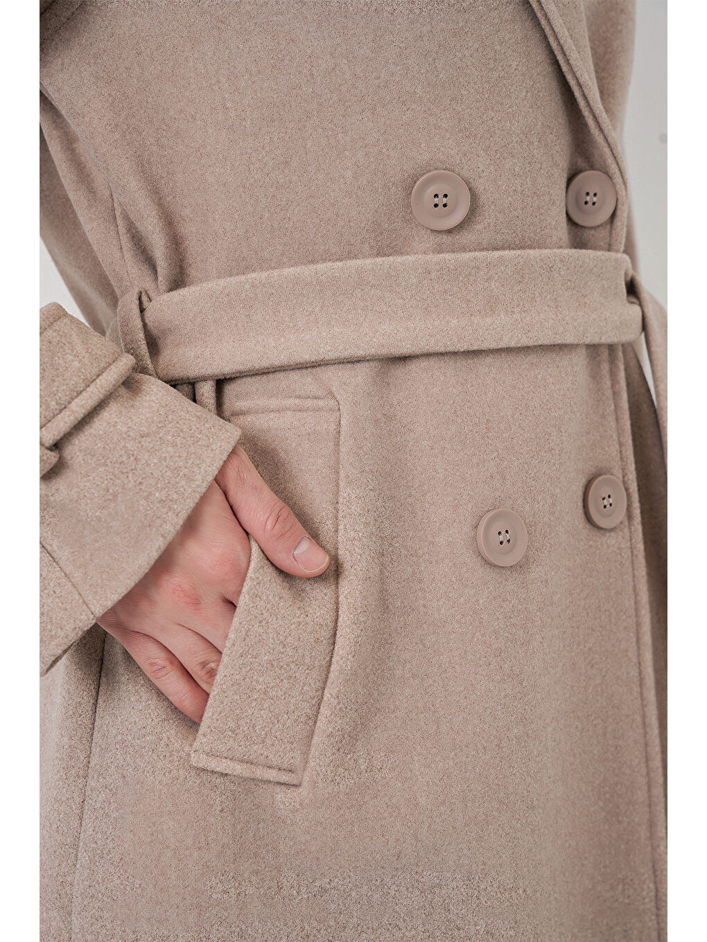 Kadın Kuşaklı Kaşe Kaban 9161 - Bej-4