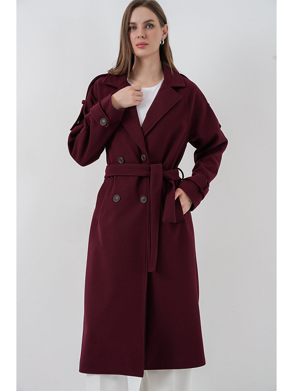 Kadın Kuşaklı Kaşe Kaban 9161 - Bordo