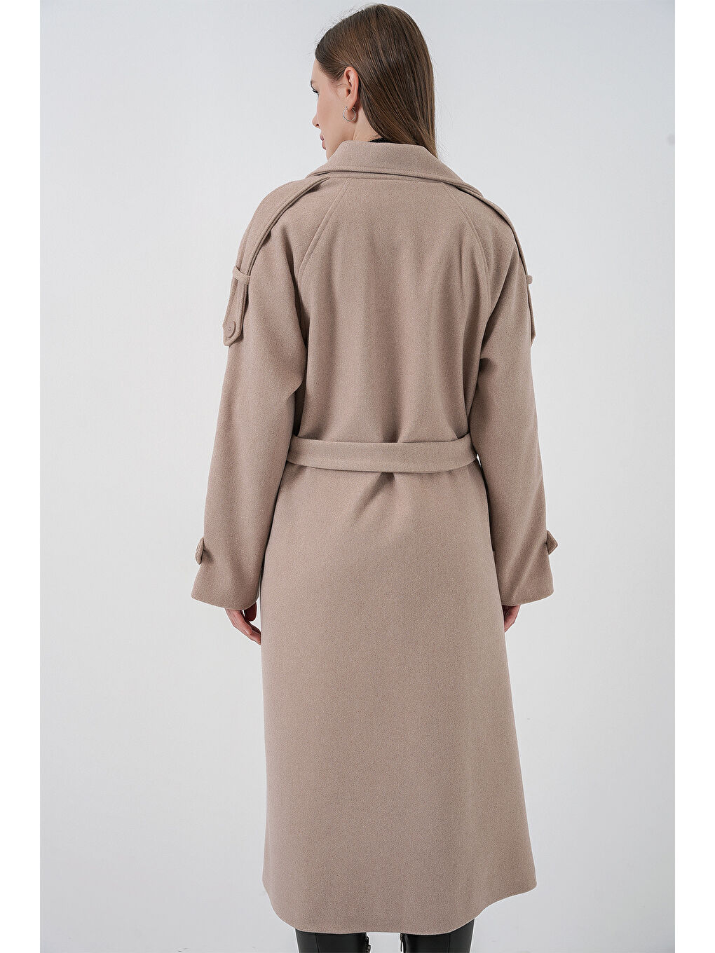 Kadın Kuşaklı Kaşe Kaban 9161 - Bej-5