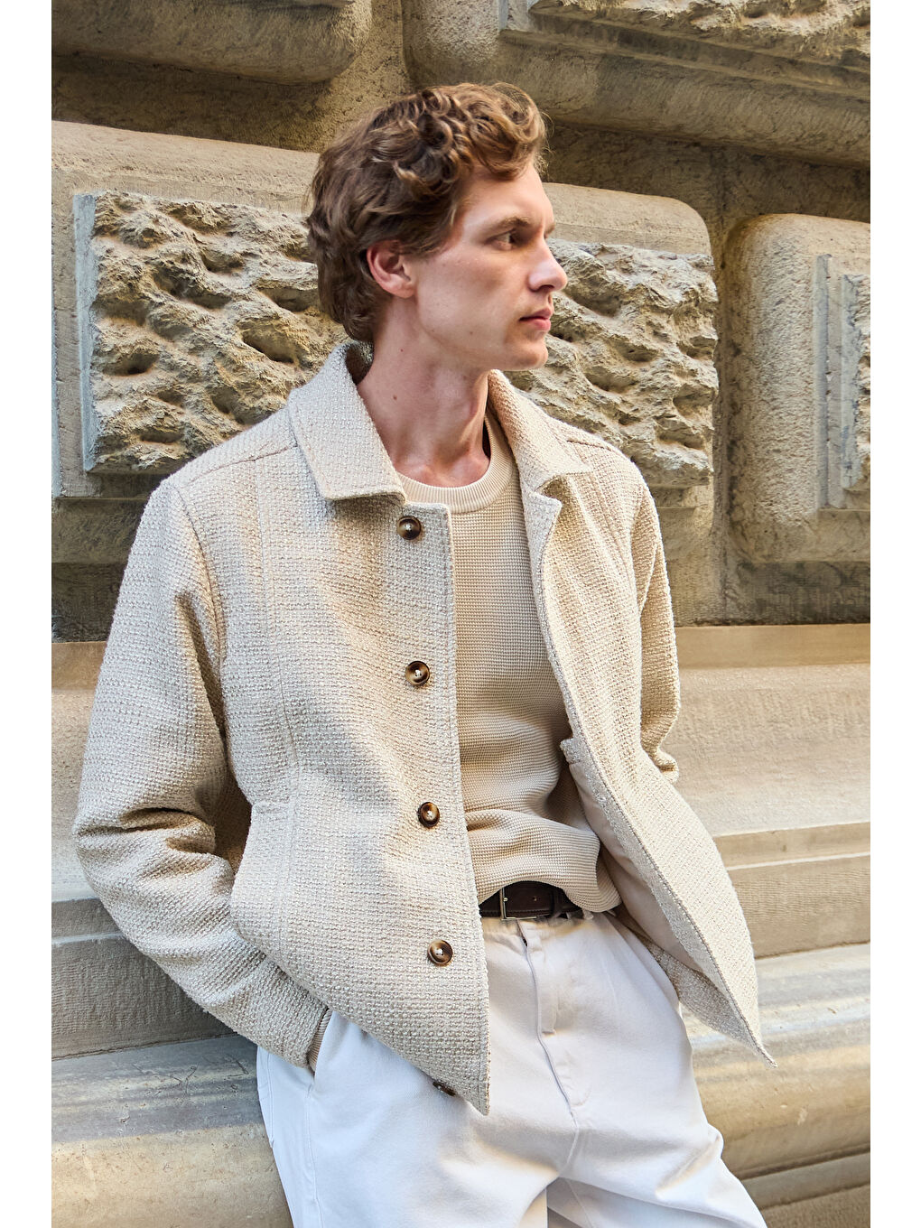 Erkek Tasarım Kumaş Teknik Mont Ceket Ekru-3