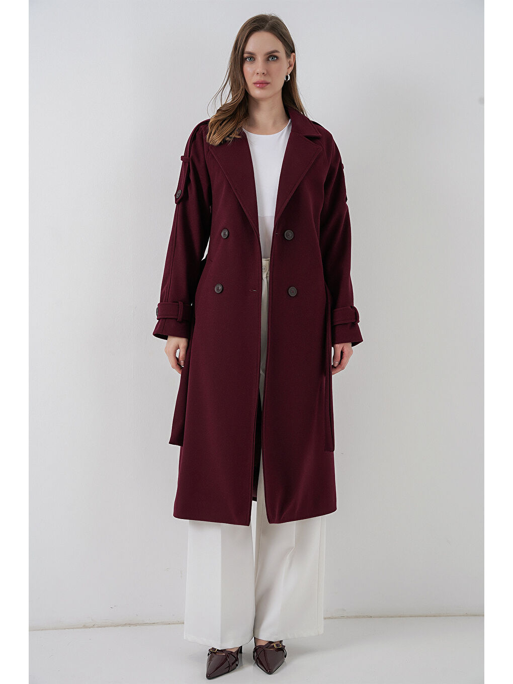 Kadın Kuşaklı Kaşe Kaban 9161 - Bordo-1