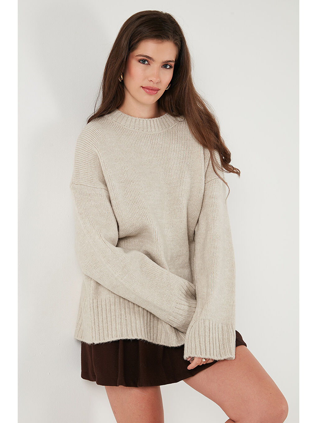 Bej Regular Fit Bisiklet Yaka Basic Triko Kazak 4616213-5