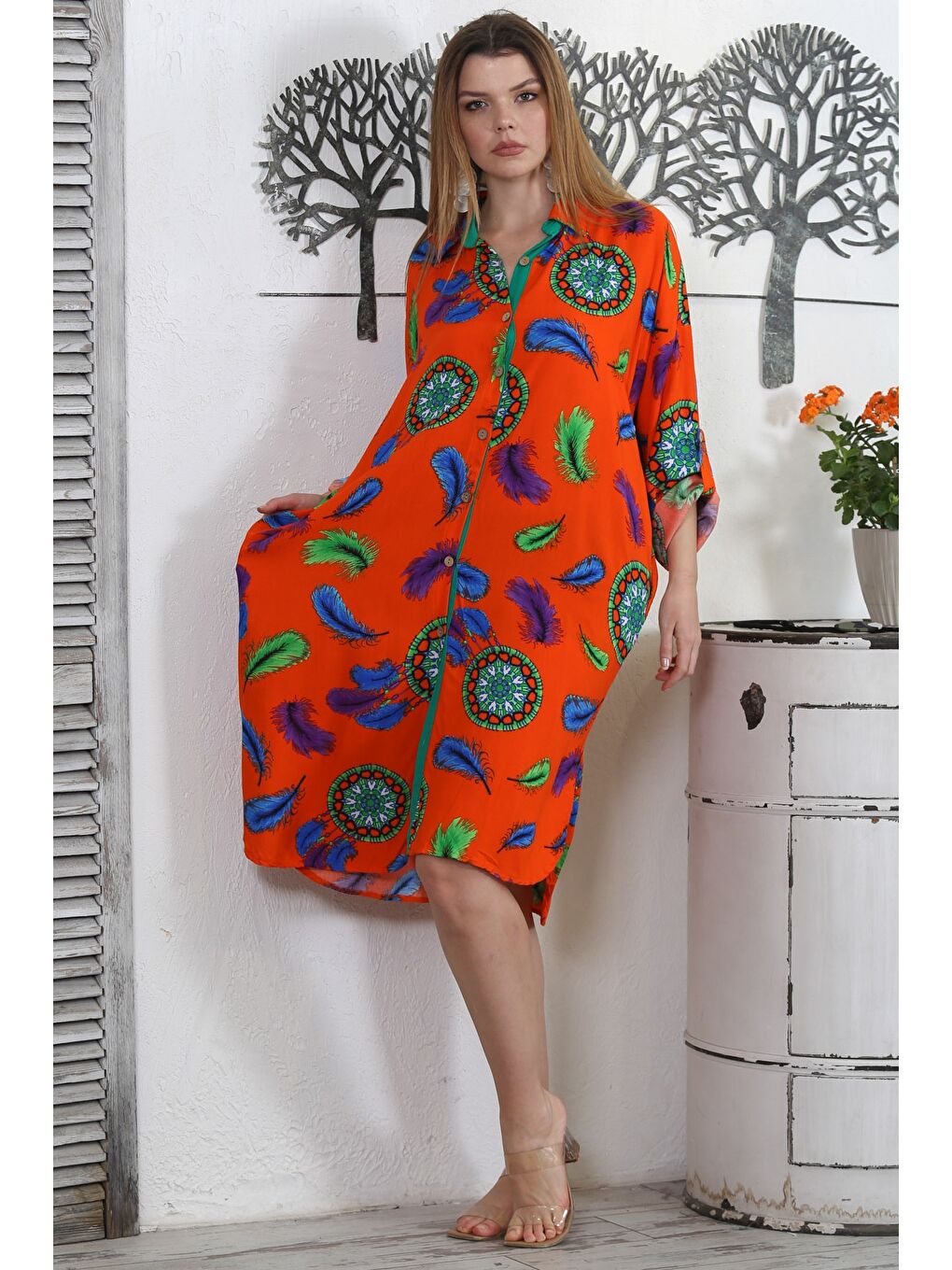 Turuncu Gömlek Yaka Uzun Kol Düğmeli Gizli Cepli Allover Baskılı Dokuma Casual Elbise-1