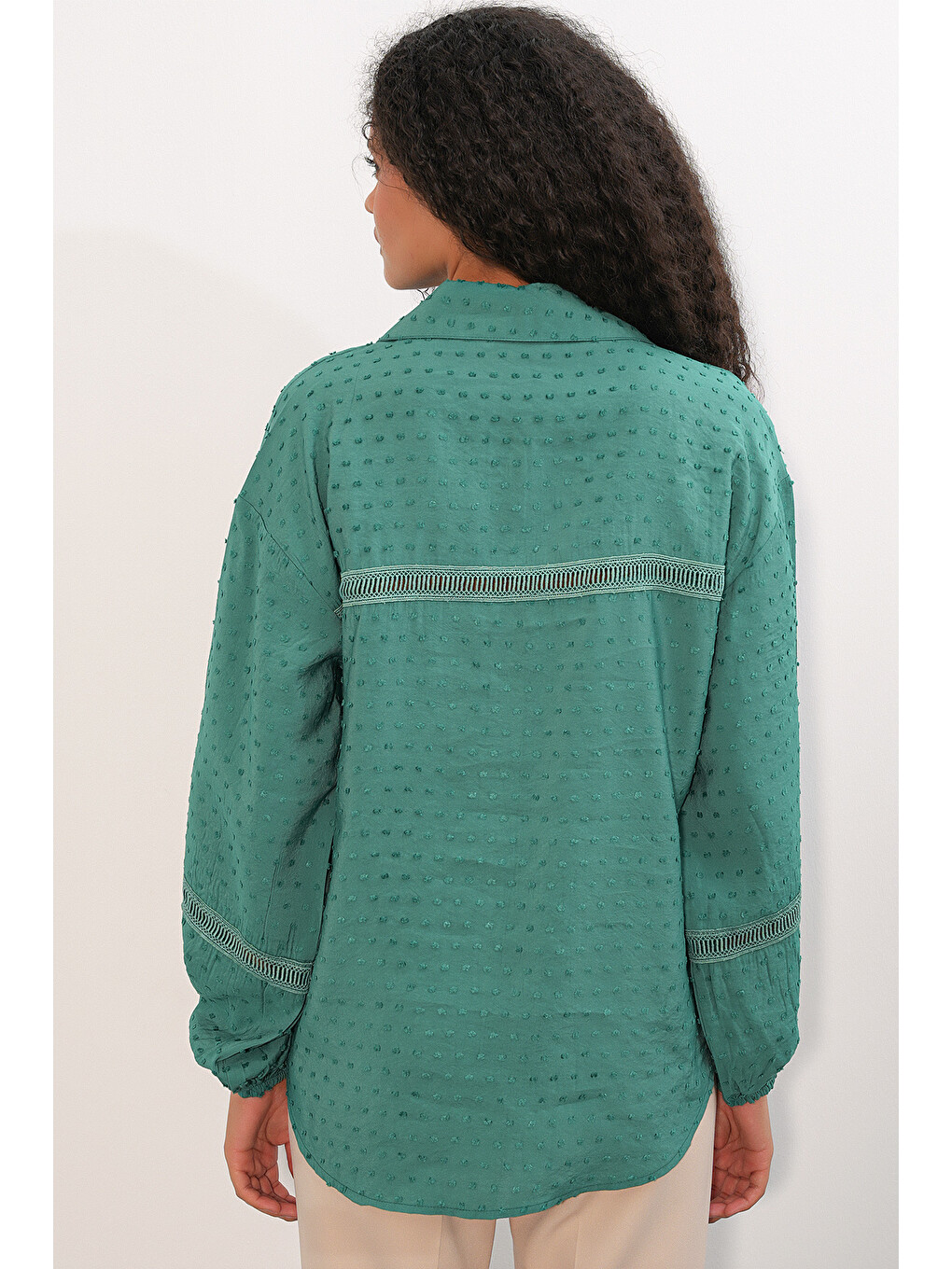 Kadın Oversize Desenli Gömlek 20379 - Zümrüt Yeşili-4