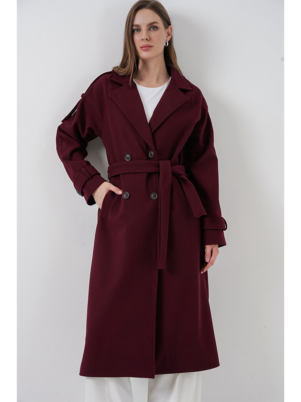 Kadın Kuşaklı Kaşe Kaban 9161 - Bordo-2