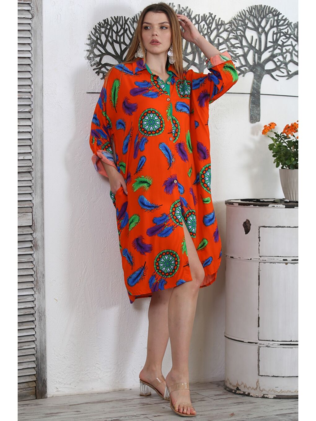 Turuncu Gömlek Yaka Uzun Kol Düğmeli Gizli Cepli Allover Baskılı Dokuma Casual Elbise-2