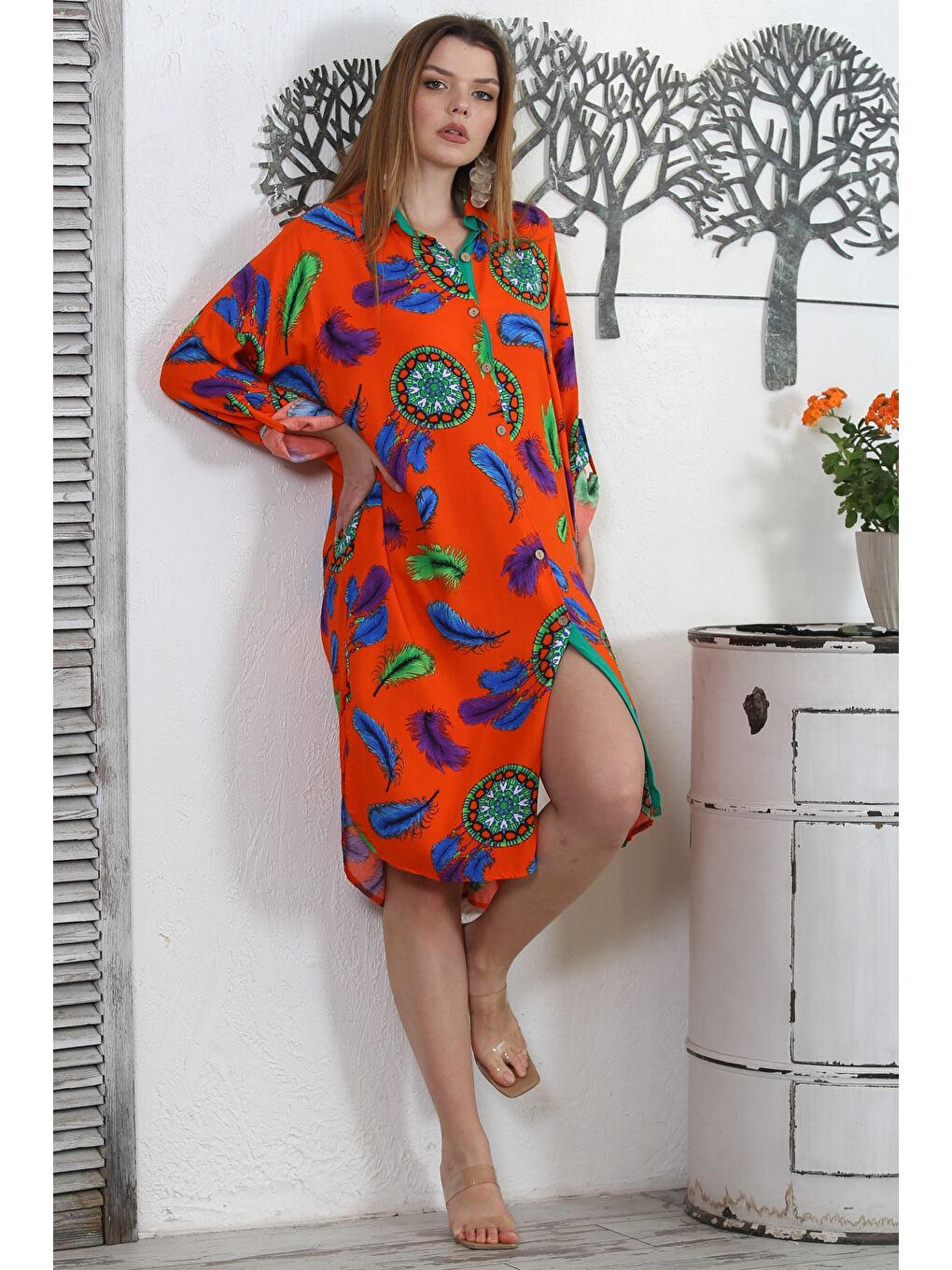 Turuncu Gömlek Yaka Uzun Kol Düğmeli Gizli Cepli Allover Baskılı Dokuma Casual Elbise-3