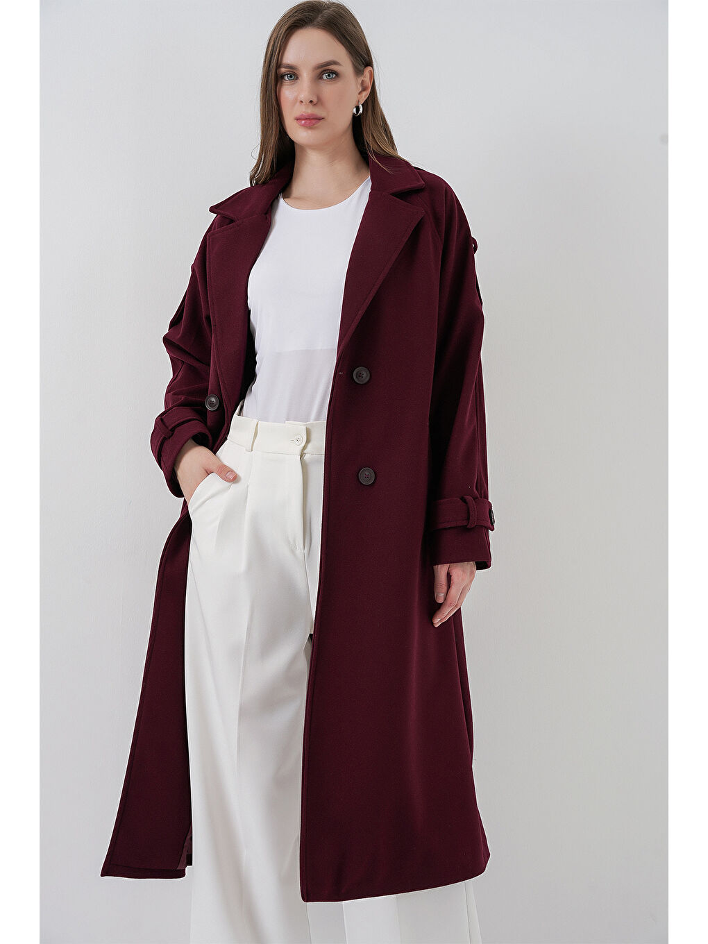 Kadın Kuşaklı Kaşe Kaban 9161 - Bordo-3