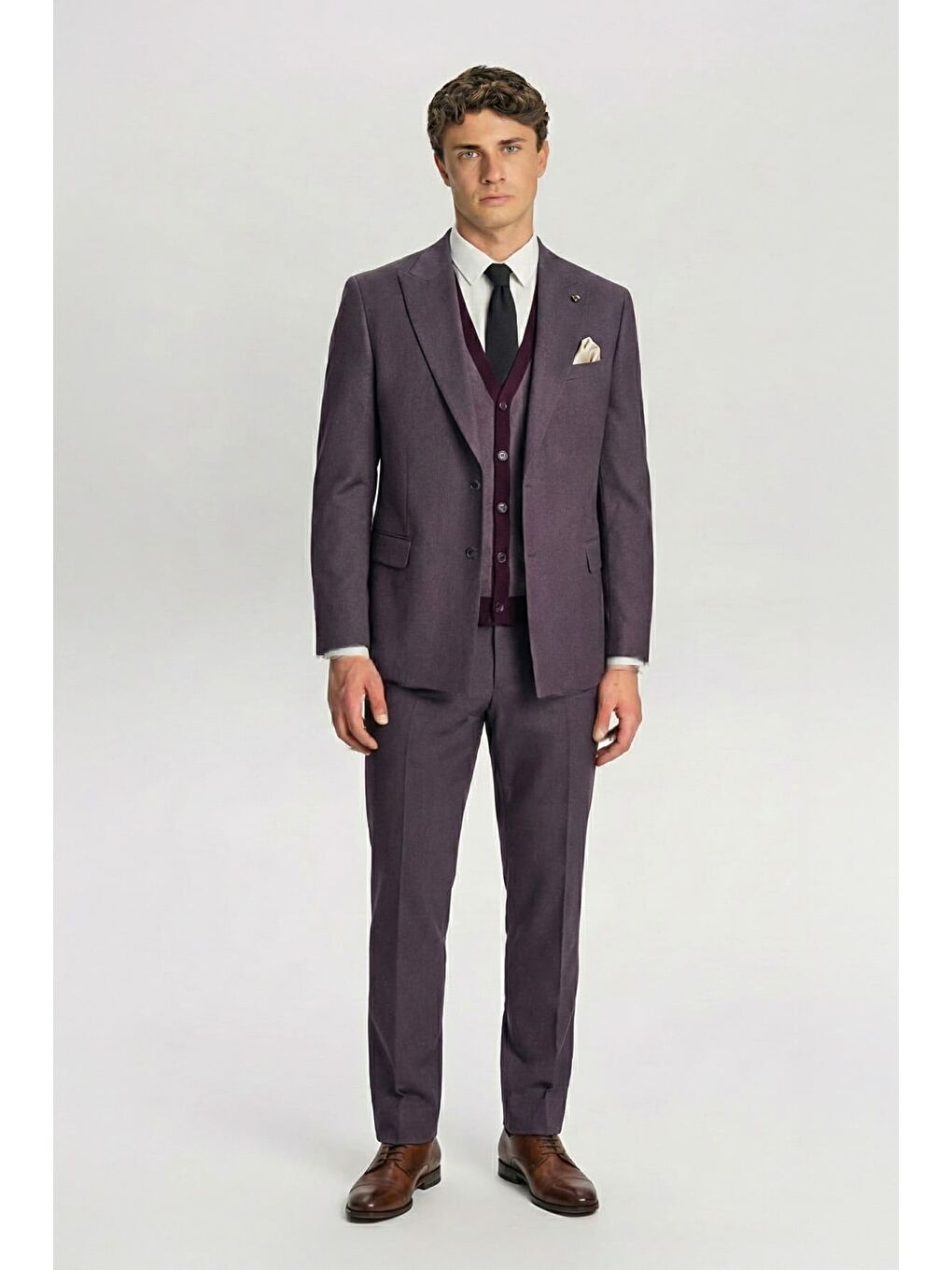 Giotelli Bordo Triko Yelekli Sivri Yaka 6 Drop Düğmeli Tam Astarlı Erkek Takım Elbise-1