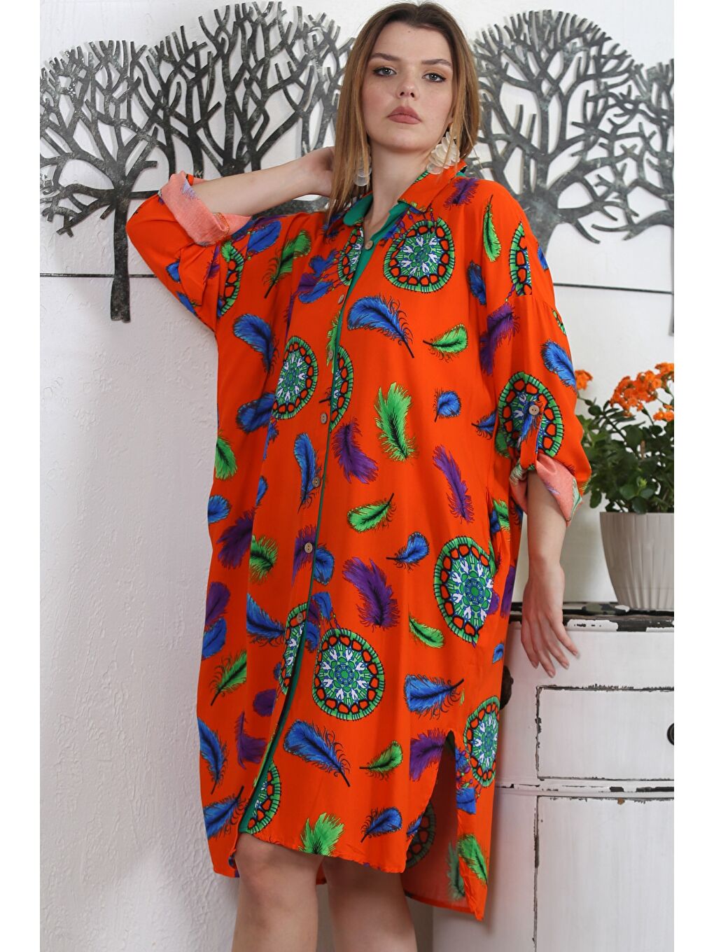 Turuncu Gömlek Yaka Uzun Kol Düğmeli Gizli Cepli Allover Baskılı Dokuma Casual Elbise-4