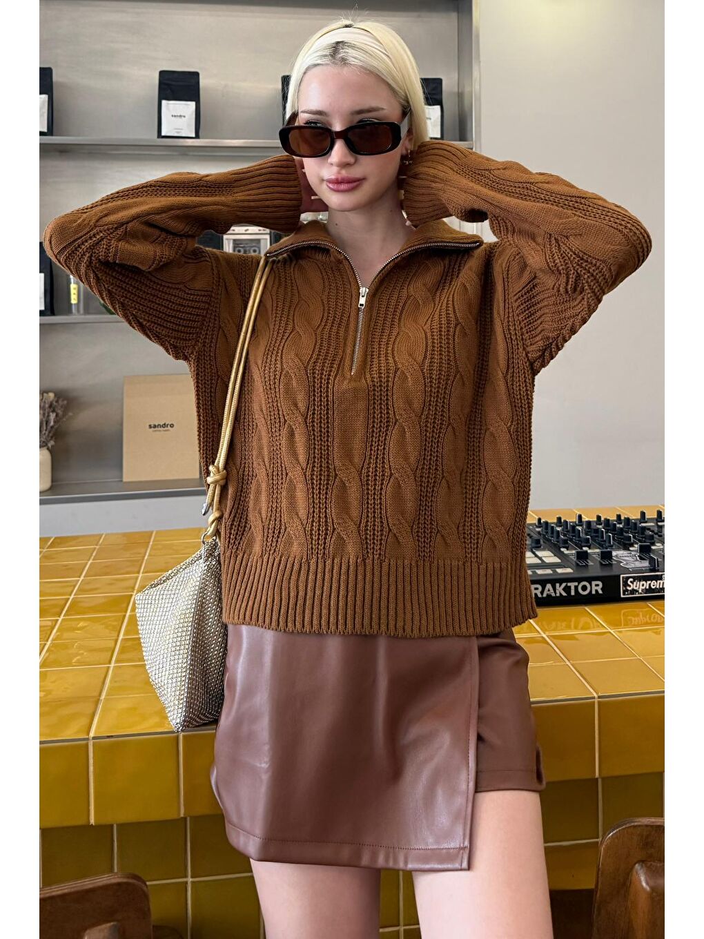 Kahverengi Örgü Desenli Kadın Triko Kazak Mg2546-8
