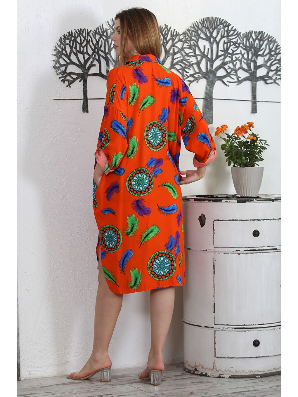 Turuncu Gömlek Yaka Uzun Kol Düğmeli Gizli Cepli Allover Baskılı Dokuma Casual Elbise-6