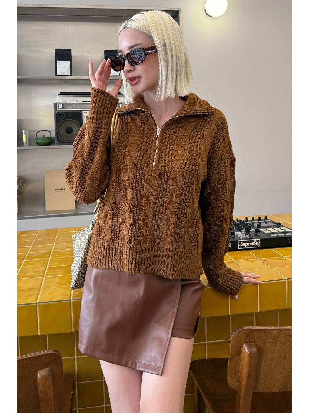 Kahverengi Örgü Desenli Kadın Triko Kazak Mg2546-10