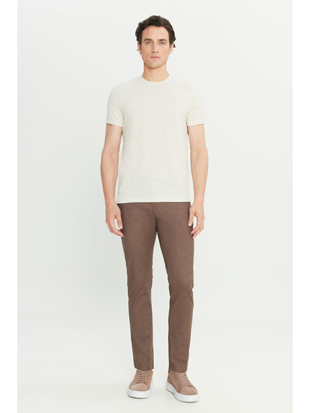 Erkek Bej Keten Slim Fit Dar Kesim Bisiklet Yaka Jakarlı Tişört-1