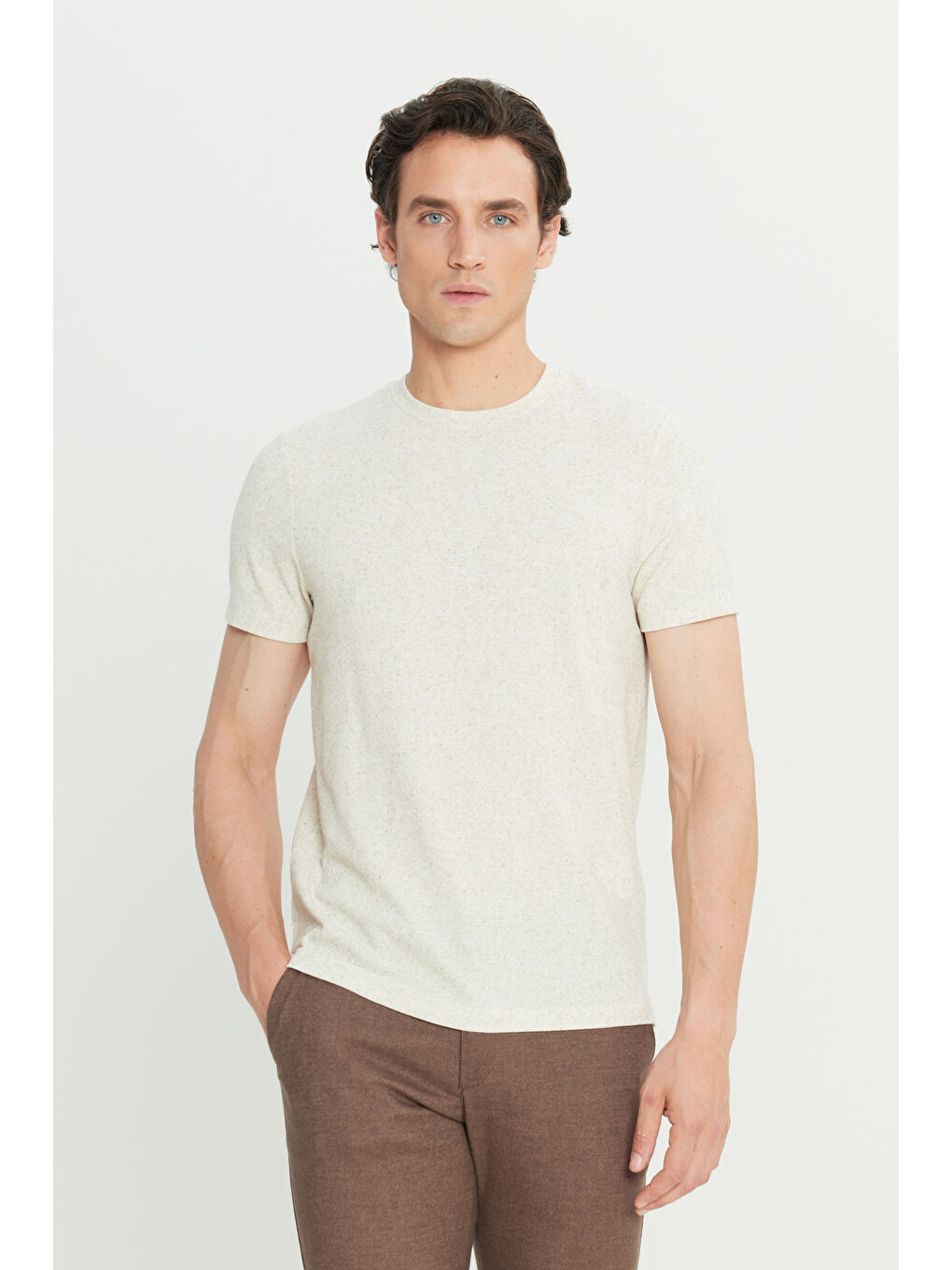 Erkek Bej Keten Slim Fit Dar Kesim Bisiklet Yaka Jakarlı Tişört-2