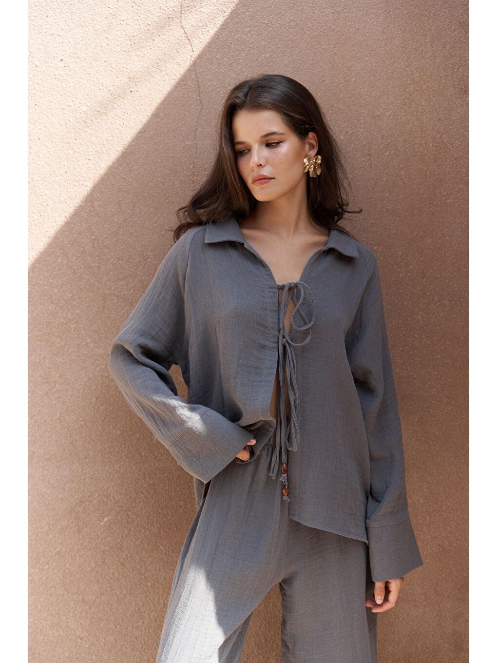 Bali Boncuklu Antrasit Müslin Takım-2