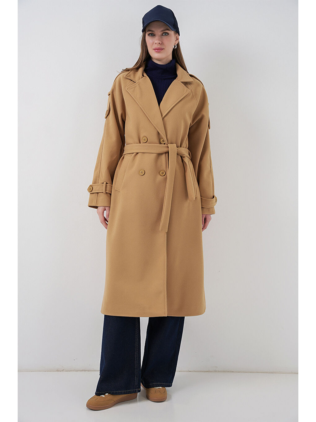 Sarı Kadın Kuşaklı Kaşe Kaban 9161 - Hardal-1