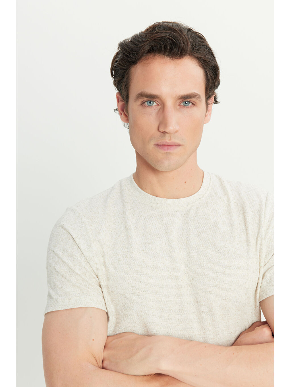 Erkek Bej Keten Slim Fit Dar Kesim Bisiklet Yaka Jakarlı Tişört-3