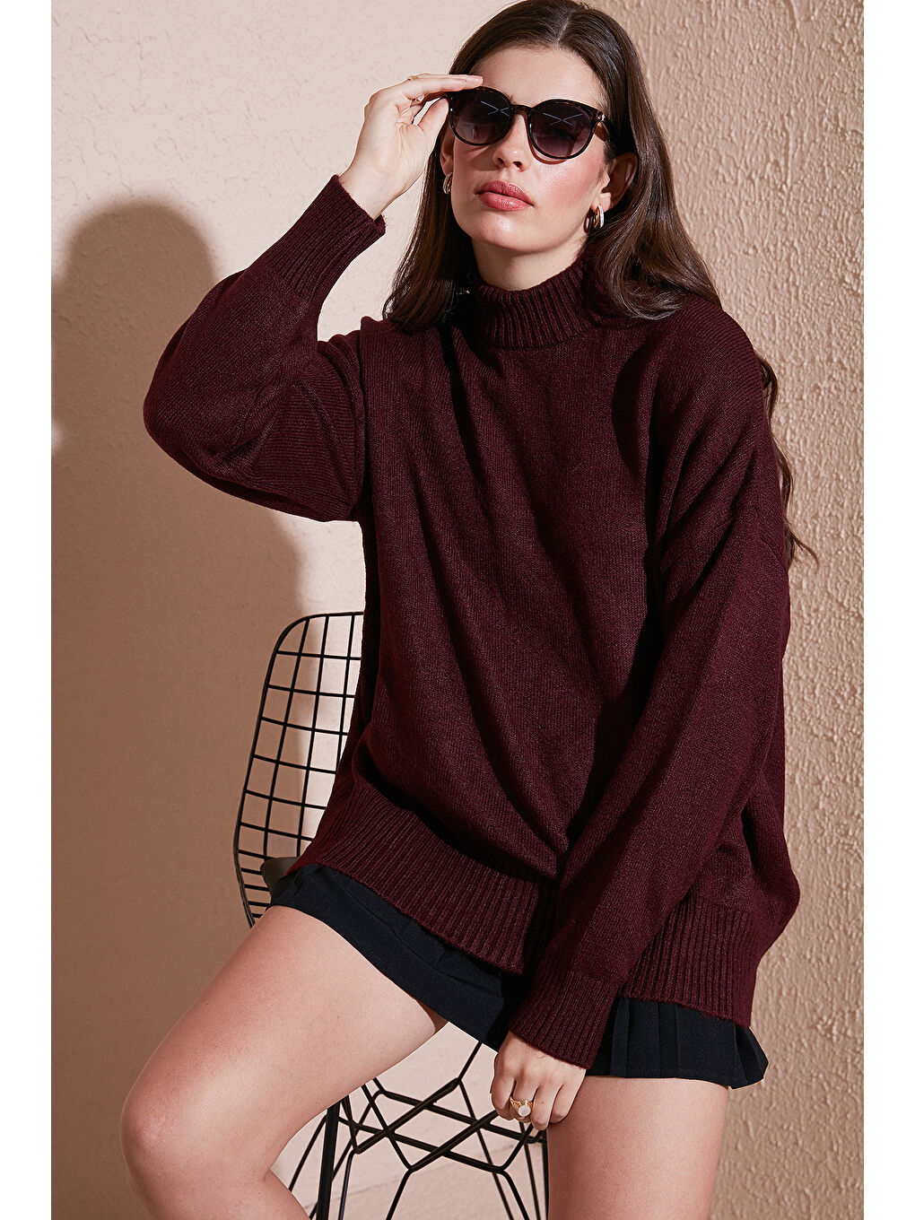 Bordo Premium Oversize Fit Balıkçı Yaka Yumuşak Dokulu Triko Kazak 680KZ00469