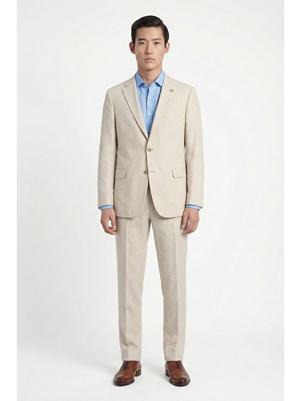 Bej Regular Fit Yünlü Mono Yaka Yelekli Takım Elbise-1