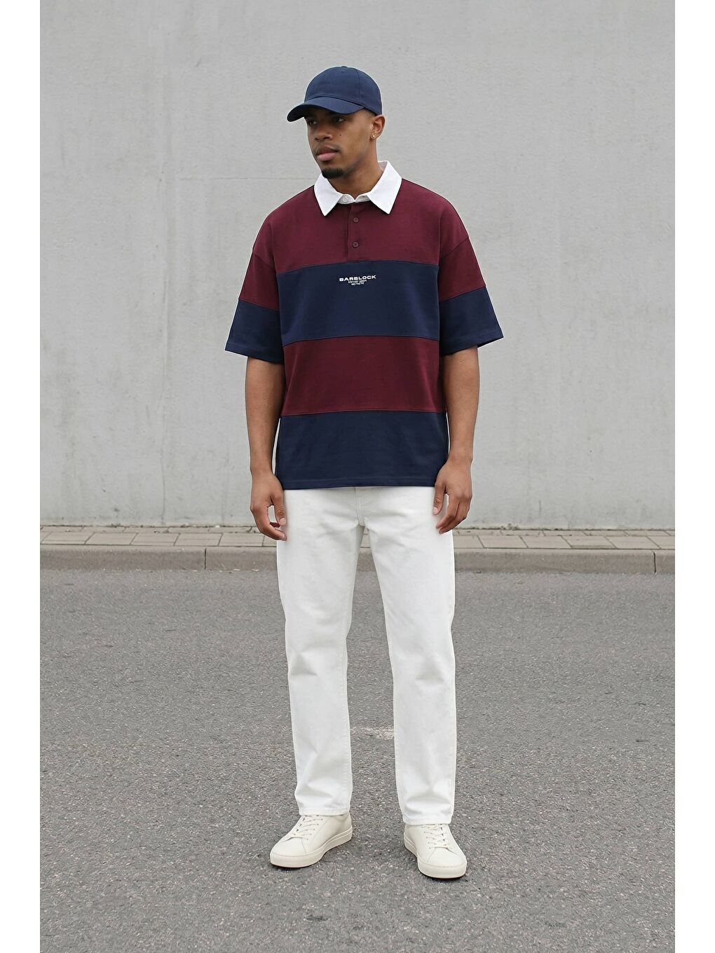 Erkek Oversize Renk Bloklu Polo Yaka T-Shirt Bordo-2