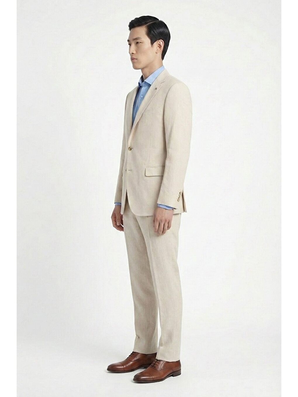 Bej Regular Fit Yünlü Mono Yaka Yelekli Takım Elbise-2