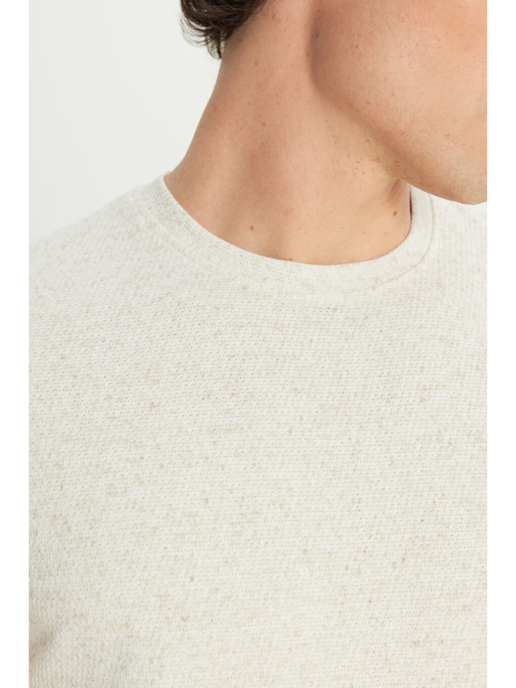 Erkek Bej Keten Slim Fit Dar Kesim Bisiklet Yaka Jakarlı Tişört-4