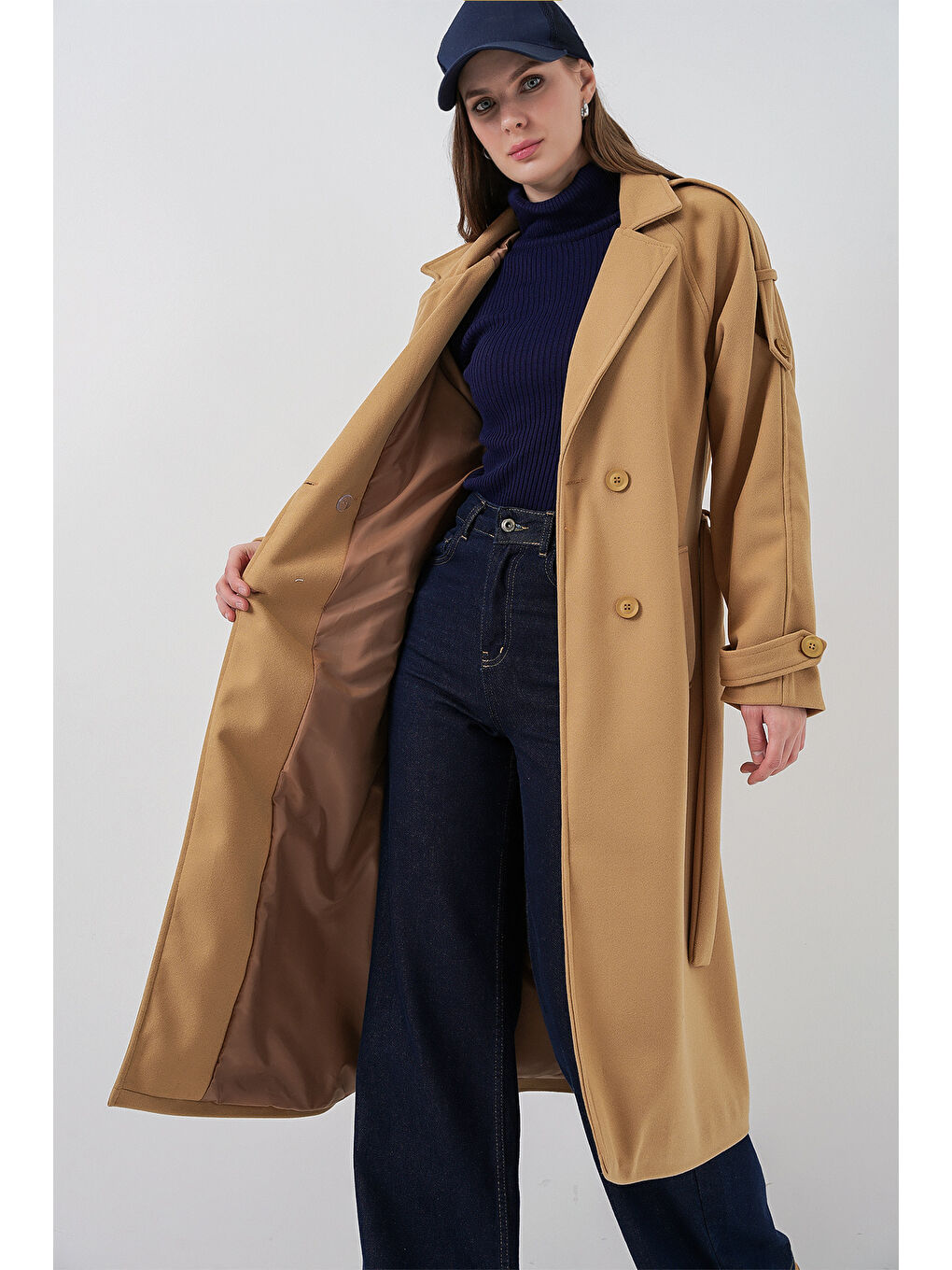 Sarı Kadın Kuşaklı Kaşe Kaban 9161 - Hardal-2