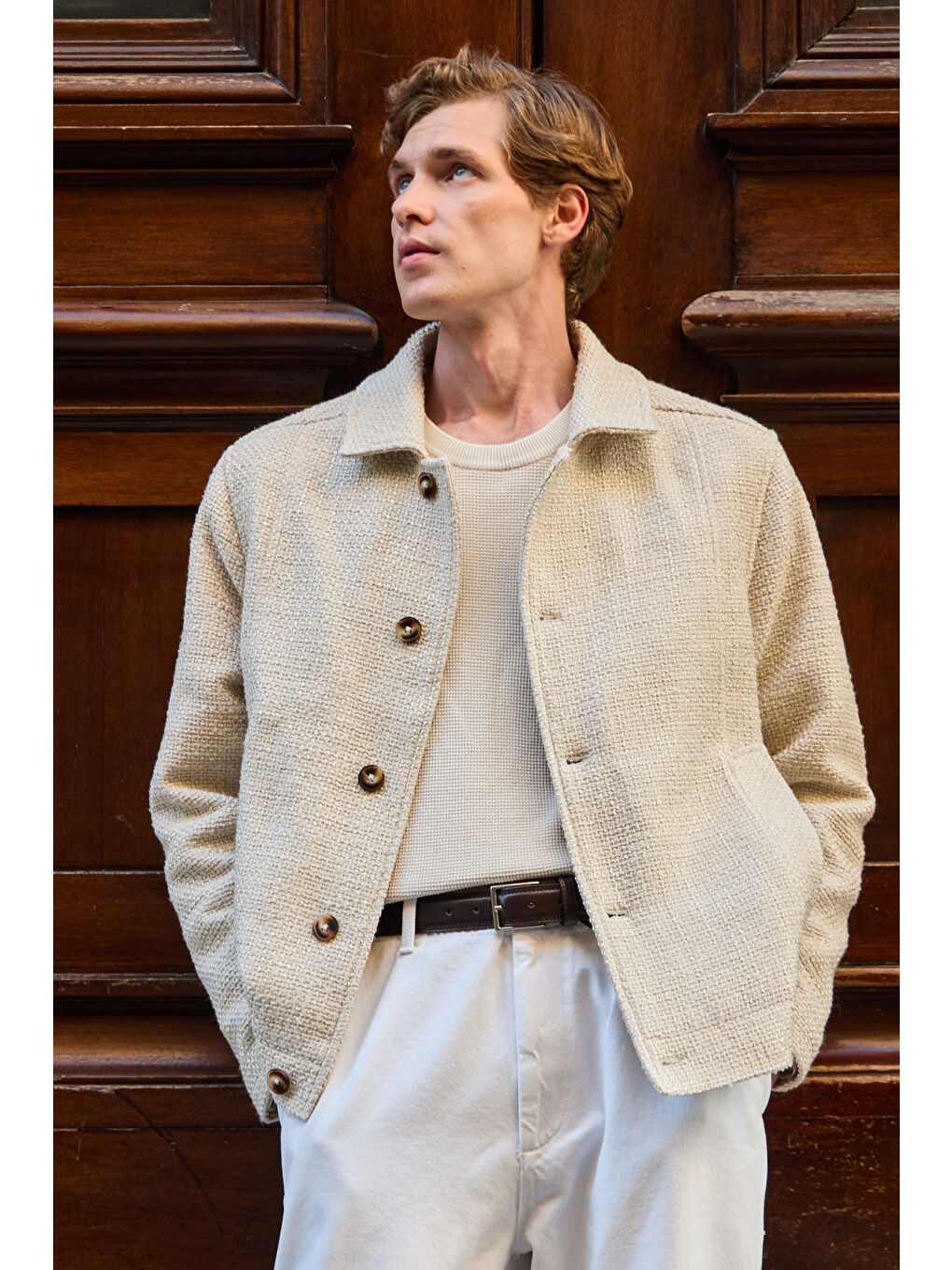 Erkek Tasarım Kumaş Teknik Mont Ceket Ekru-4