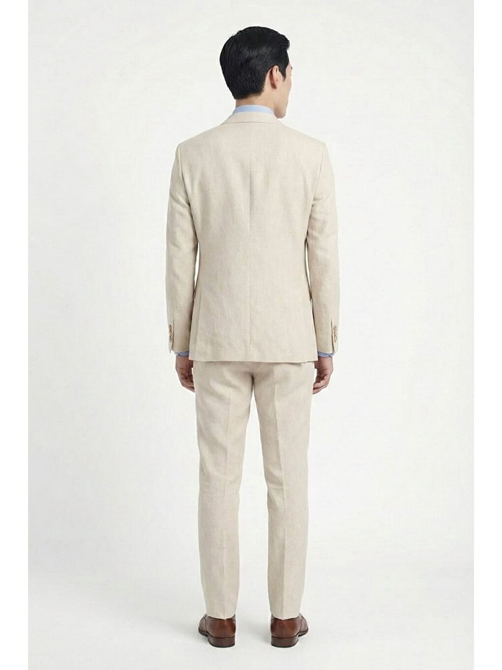 Bej Regular Fit Yünlü Mono Yaka Yelekli Takım Elbise-3