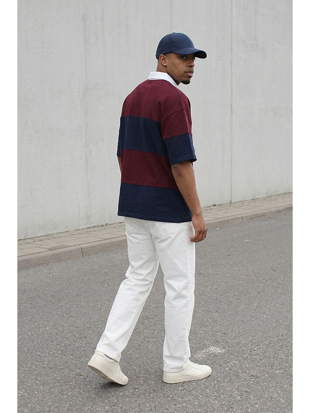 Erkek Oversize Renk Bloklu Polo Yaka T-Shirt Bordo-3