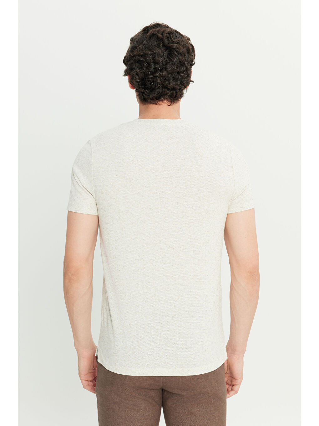 Erkek Bej Keten Slim Fit Dar Kesim Bisiklet Yaka Jakarlı Tişört-5