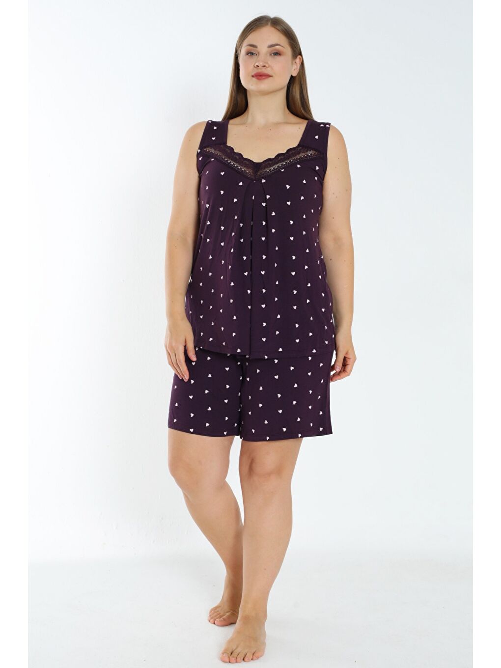 Mor Kalp Desenli Elastanlı Dantelli Kadın Büyük Beden Askıl Alt Üst Gecelik Takımı-1