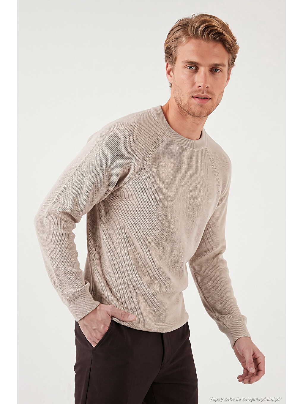 Bej Pamuklu Regular Fit Bisiklet Yaka Kazak 7020263-2