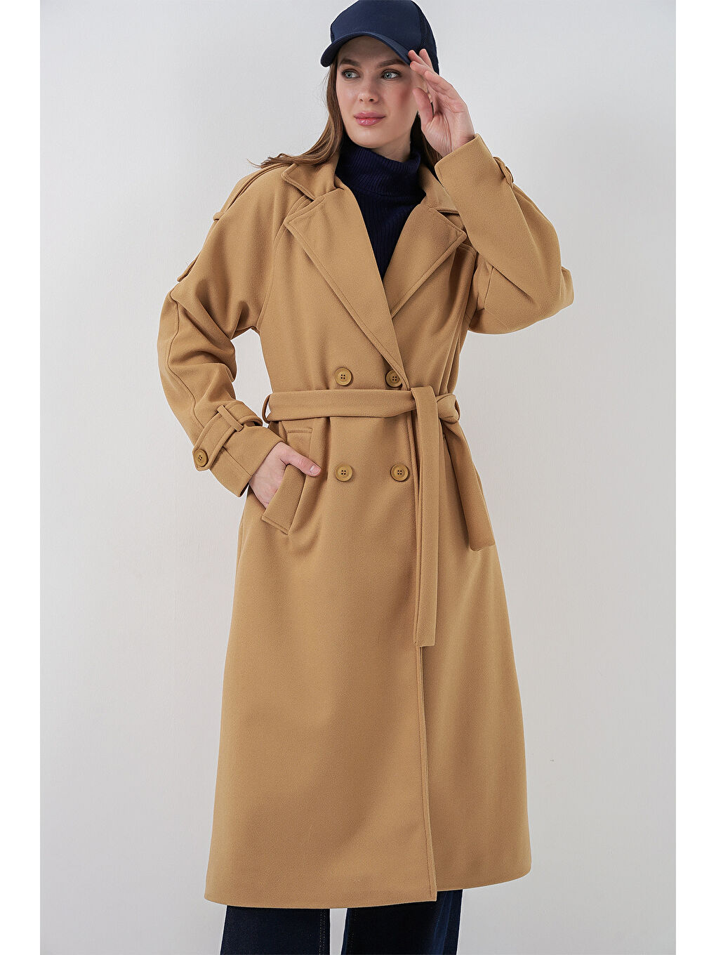 Sarı Kadın Kuşaklı Kaşe Kaban 9161 - Hardal-3