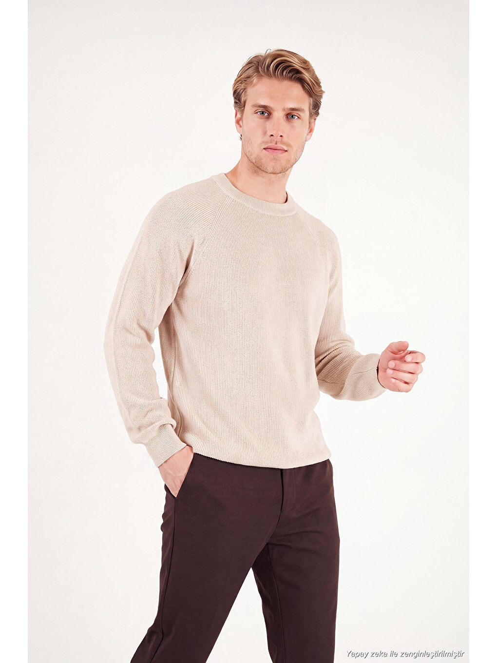 Bej Pamuklu Regular Fit Bisiklet Yaka Kazak 7020263-5