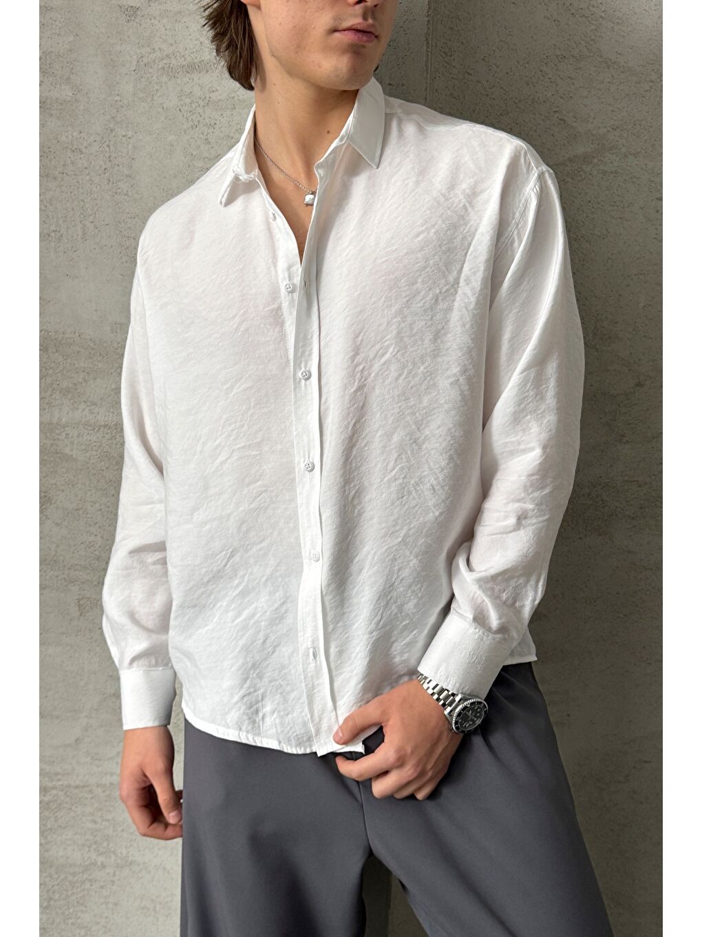 Beyaz Erkek Oversize Modal Gömlek-1
