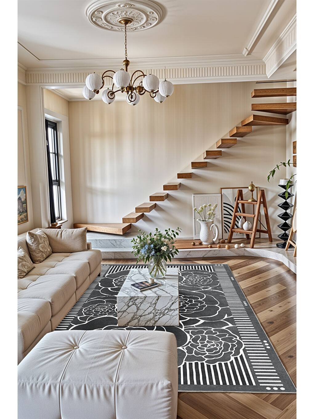 Gri Dekoratif Salon Halısı, Makinada Yıkanabilir, Kaymaz Taban, İnce & Modern Tasarım-1