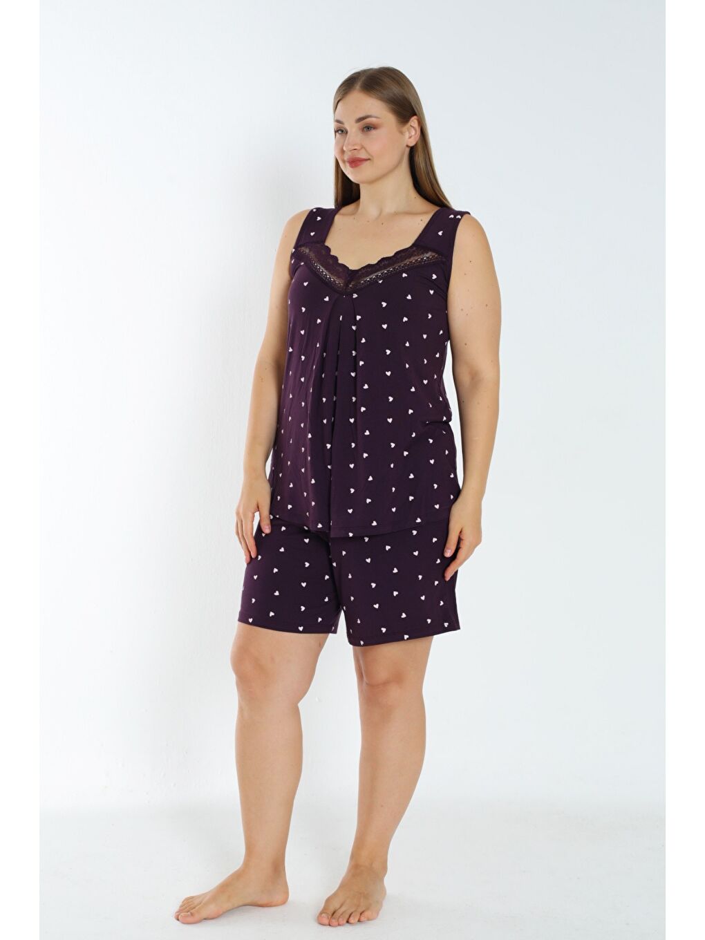 Mor Kalp Desenli Elastanlı Dantelli Kadın Büyük Beden Askıl Alt Üst Gecelik Takımı-3