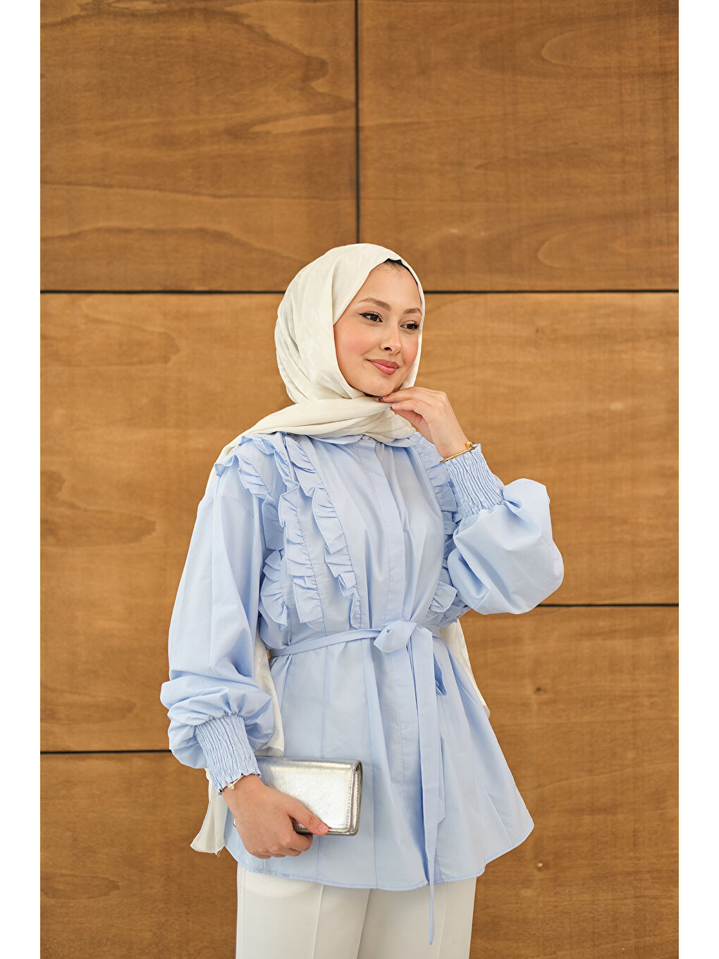 Kadın Fırfır Detaylı Gömlek Bebe Mavi-2