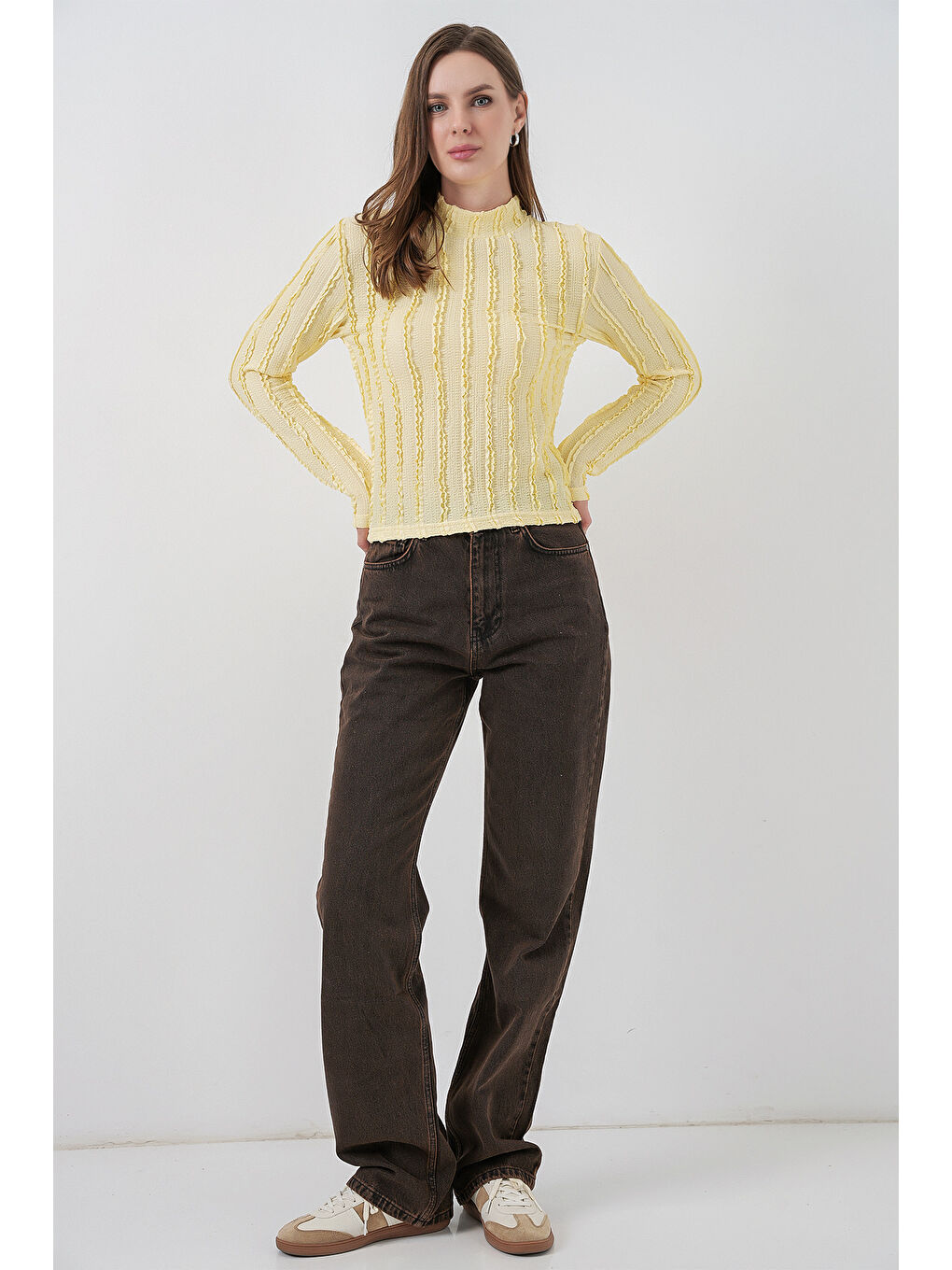 Kadın Dokulu Esnek Örme Bluz 975 - Sarı-1