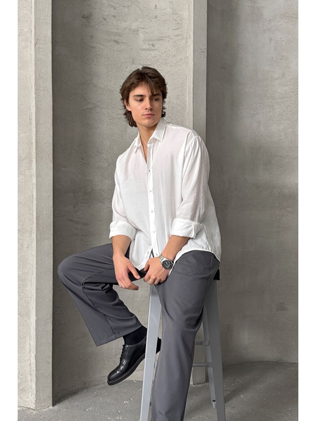 Beyaz Erkek Oversize Modal Gömlek-3