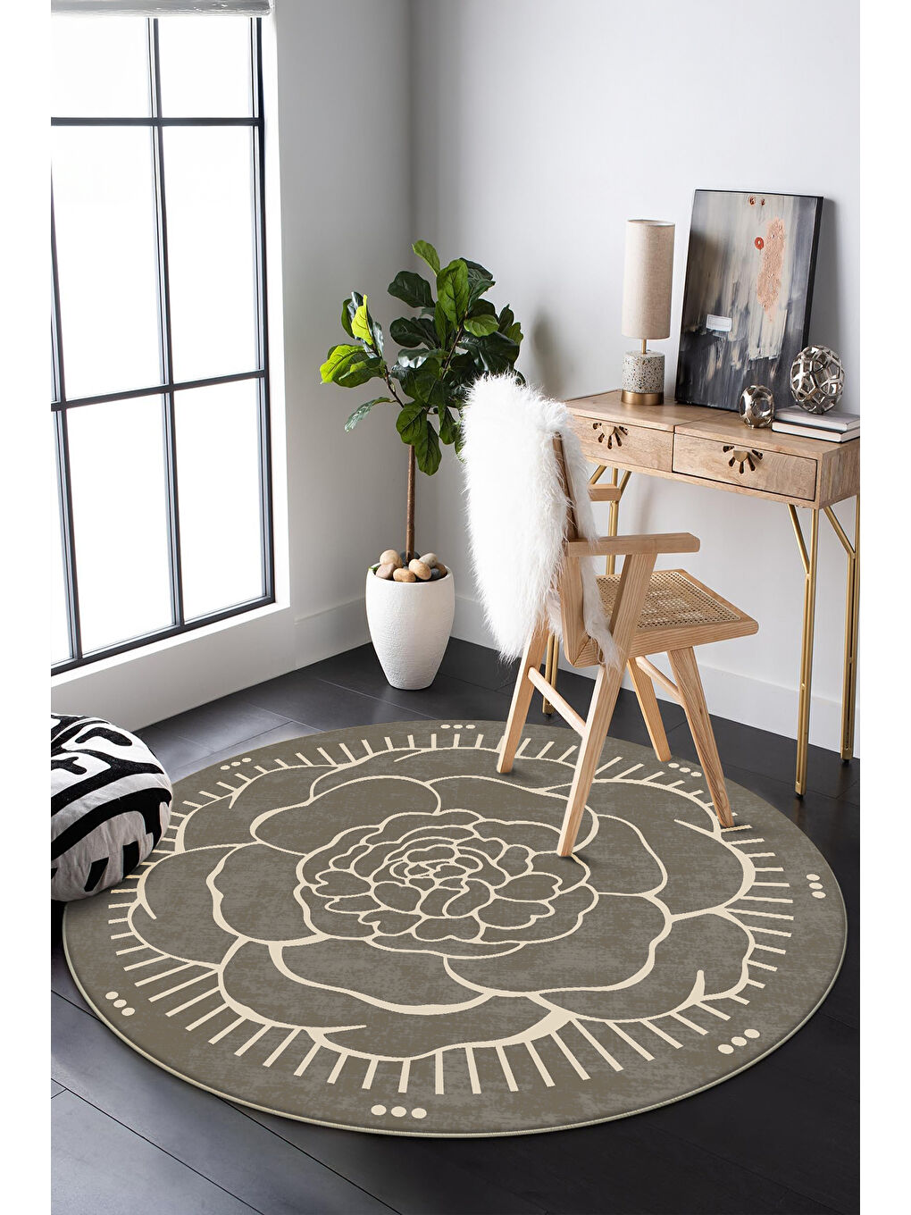 Kahverengi Dekoratif Salon Halısı, Makinada Yıkanabilir, Kaymaz Taban, İnce & Modern Tasarım-4