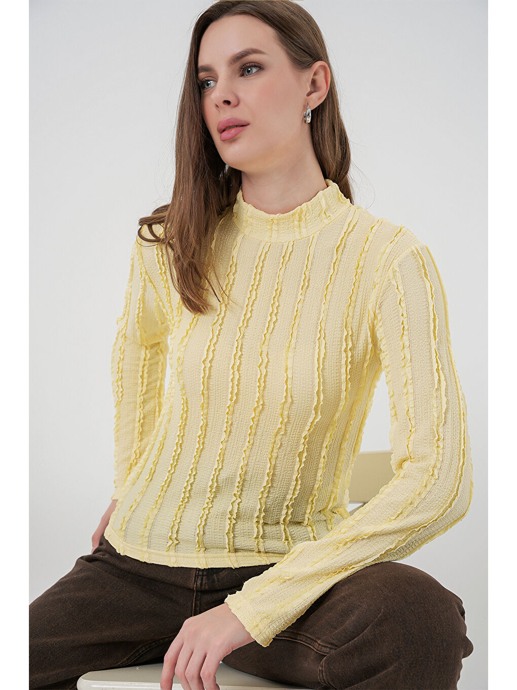 Kadın Dokulu Esnek Örme Bluz 975 - Sarı-2