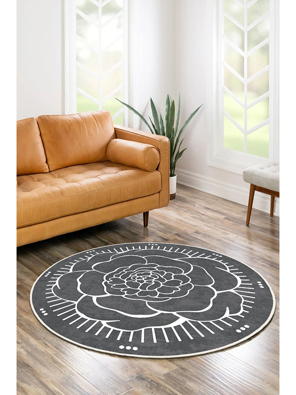 Gri Dekoratif Salon Halısı, Makinada Yıkanabilir, Kaymaz Taban, İnce & Modern Tasarım-1