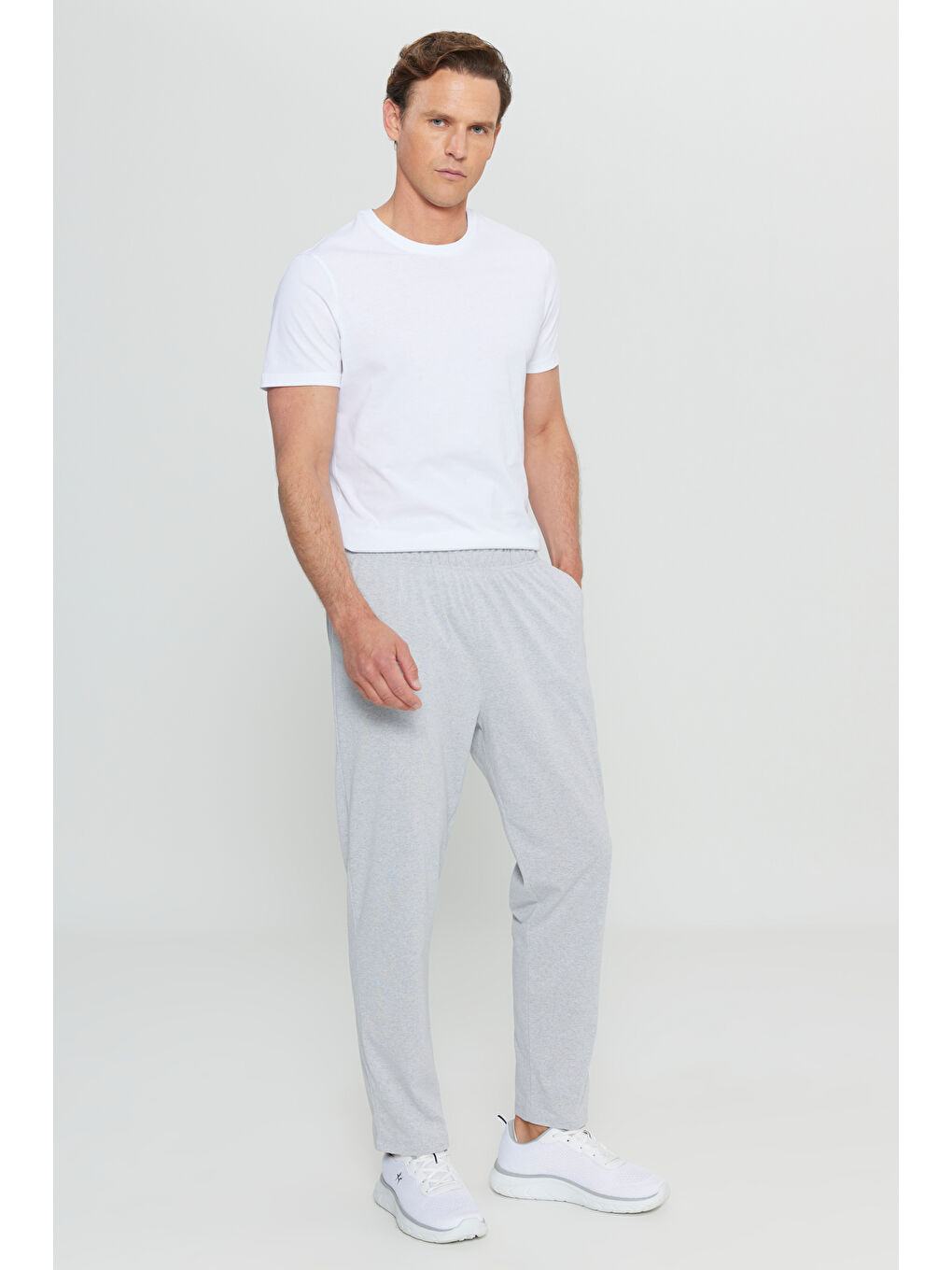 Erkek Gri Melanj Pamuklu Standart Fit Normal Kesim Beli Lastikli Cepli Pijama Altı-1